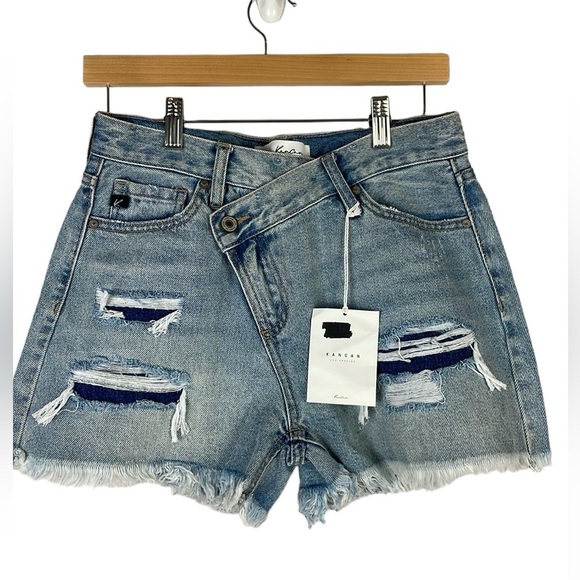 NWT KanCan Women Crossover Jean Denim Shorts SZ M High Rise Distressed - Picture 1 of 11